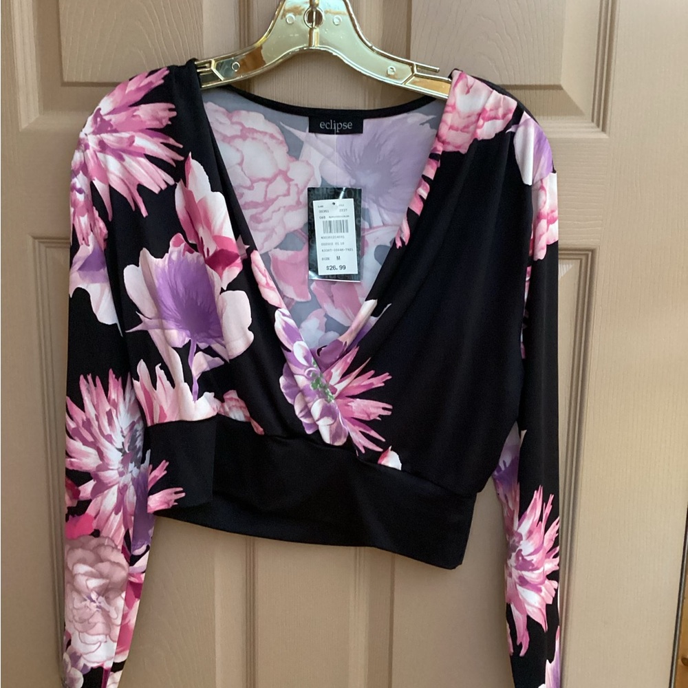 Eclipse Black and Pink Floral Long Sleeve Crop Top.